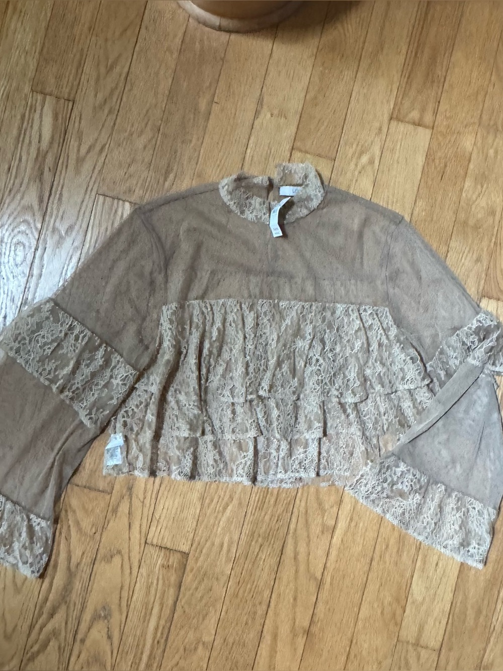 Loft Women Swiss Dot Sheer Lace Blouse L Bell Sleeve Boho Romantic Coquette